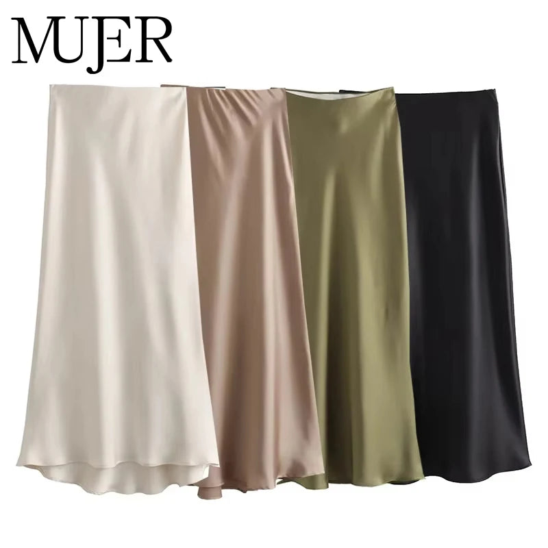 Satin High Waist Midi Skirt