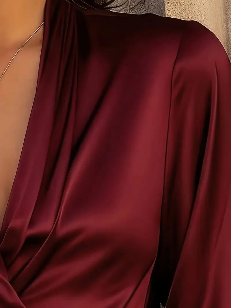 Elegant Satin V-Neck Pleated Blouse