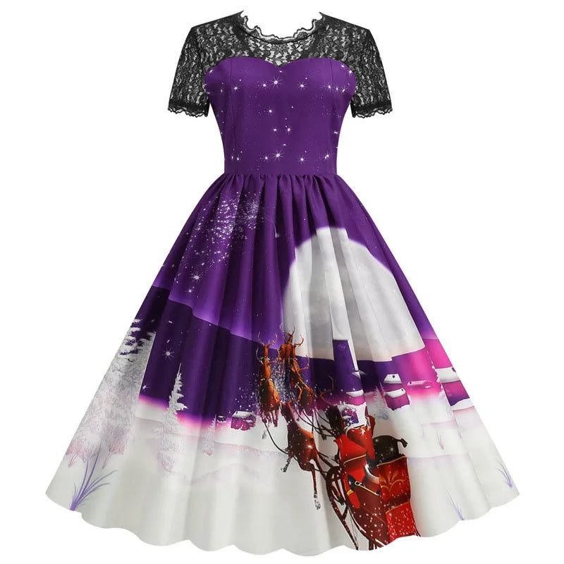 Holiday Lace-Trim Vintage Waist Dress