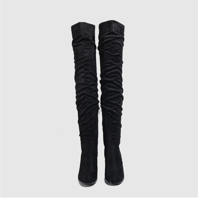 Zip-Up Flock Thigh-High Boots