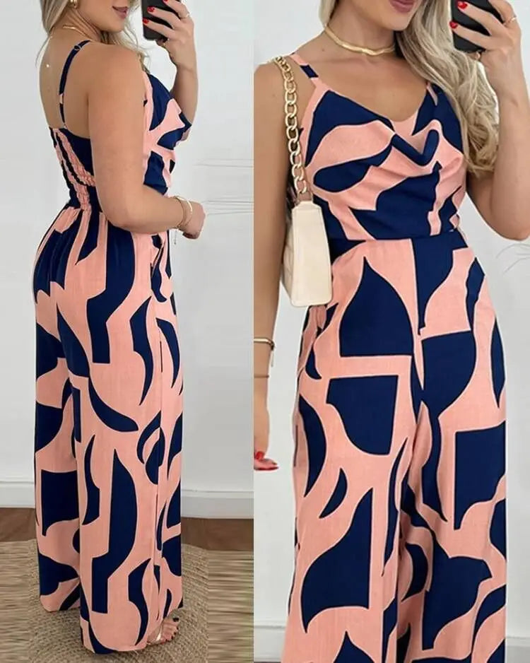 Elegant High-Waist Printed Wide-Leg Jumpsuit
