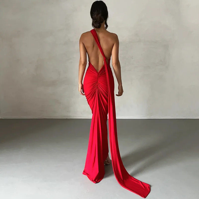 One-Shoulder Scarf Loop Maxi Dress