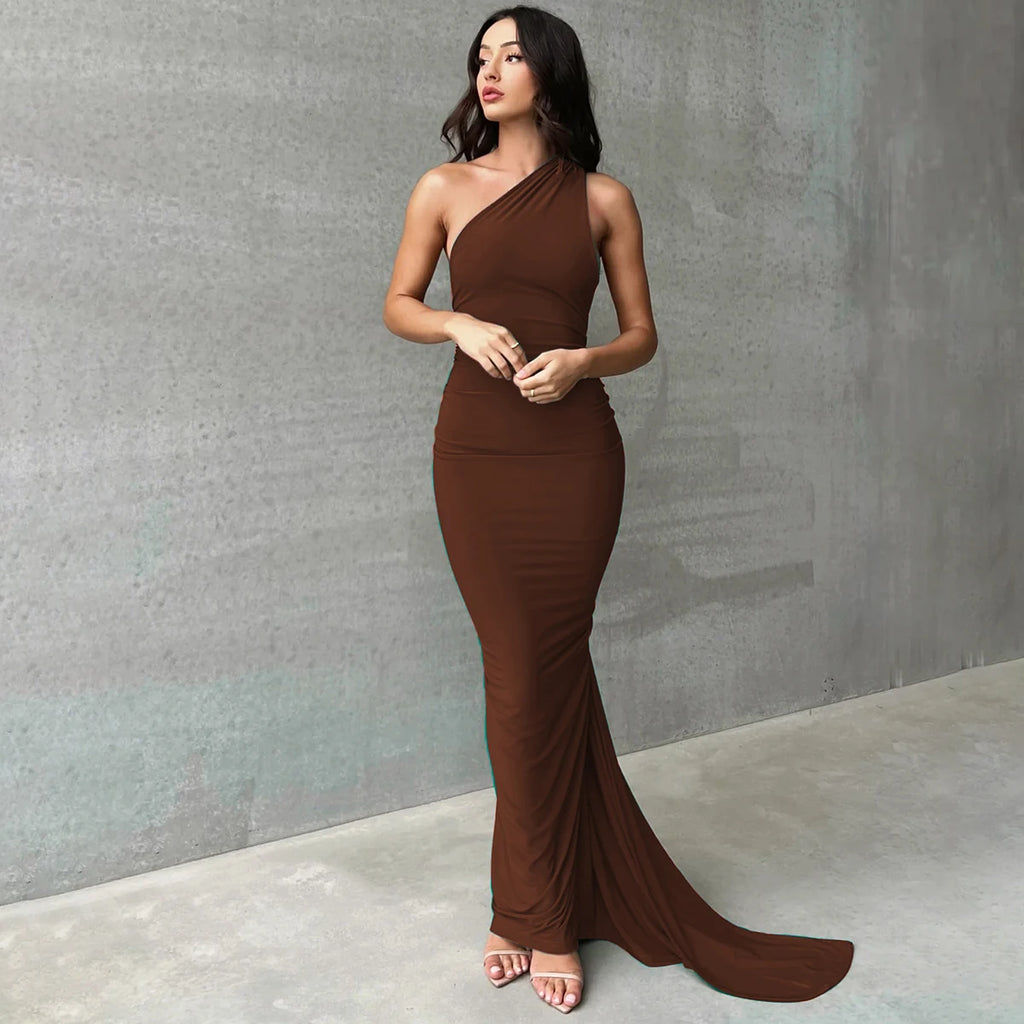 One-Shoulder Scarf Loop Maxi Dress
