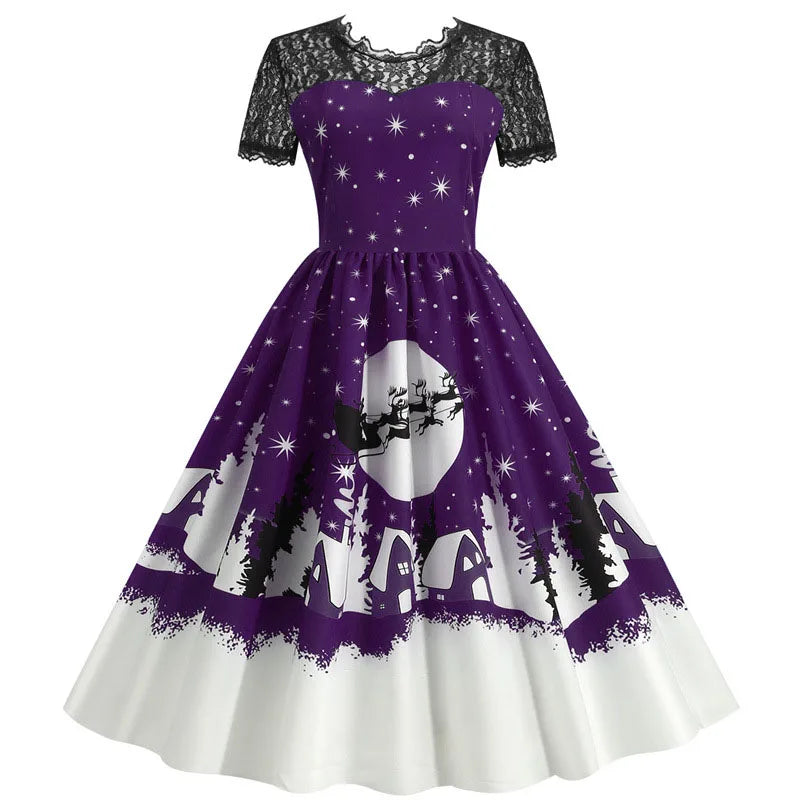 Holiday Lace-Trim Vintage Waist Dress