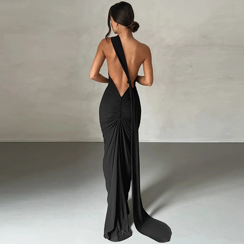 One-Shoulder Scarf Loop Maxi Dress