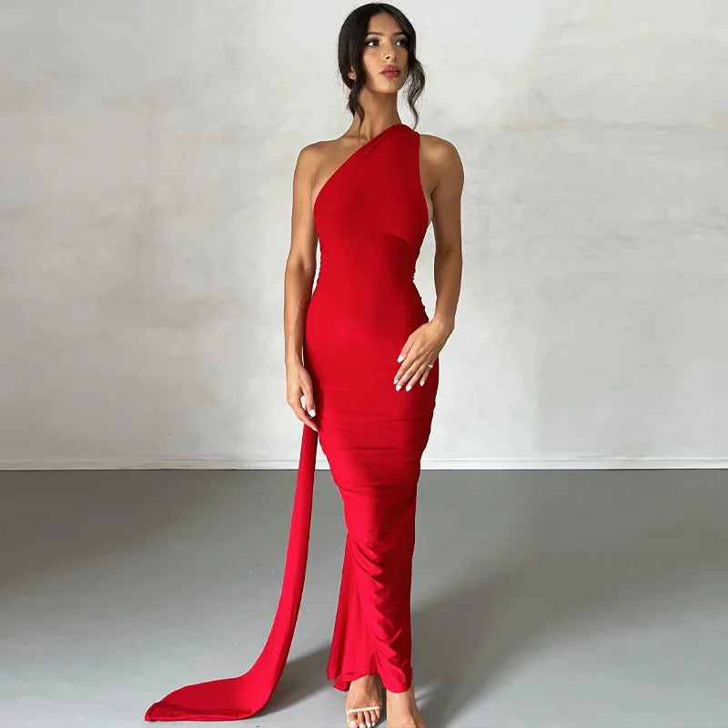 One-Shoulder Scarf Loop Maxi Dress