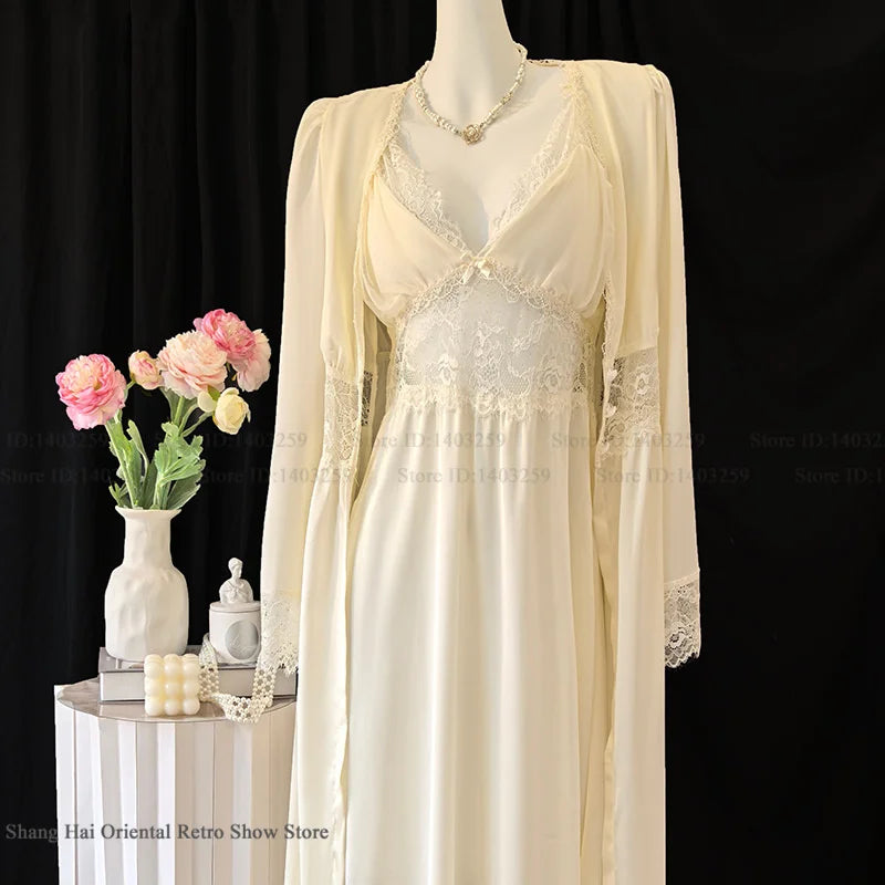 New Female Long Robe Nightgown Set Sexy Lace Trim Sleepwear Suspender Nightdress Spring Summer Casual Satin Home Dress Bathrobe