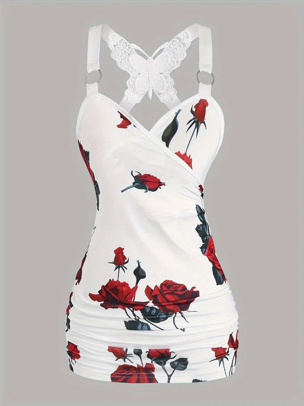 Rose Print Cross-Back Lace Camisole