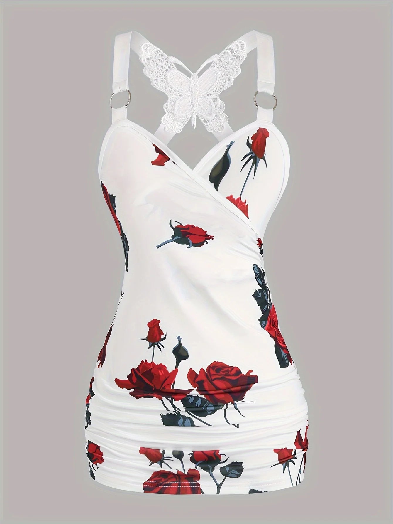 Rose Print Cross-Back Lace Camisole