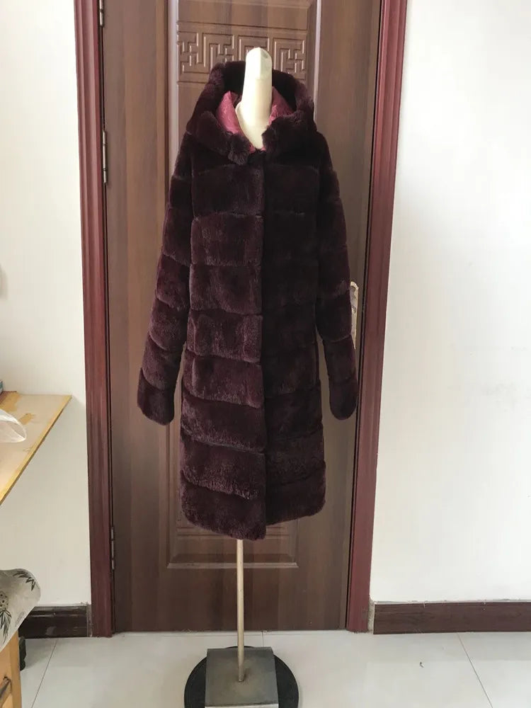 Luxury Rex Rabbit Fur Coat with Hood