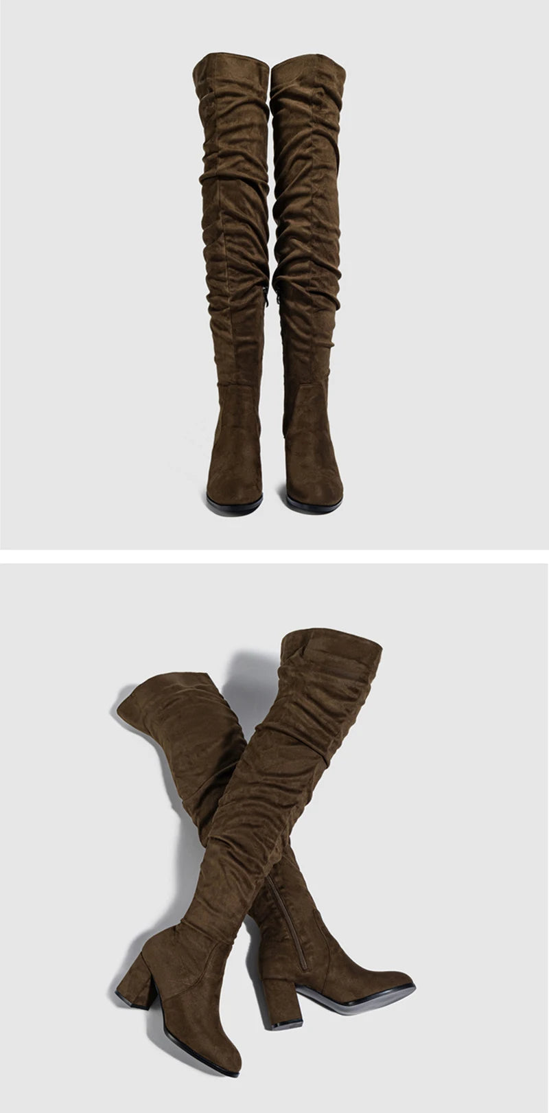 Zip-Up Flock Thigh-High Boots
