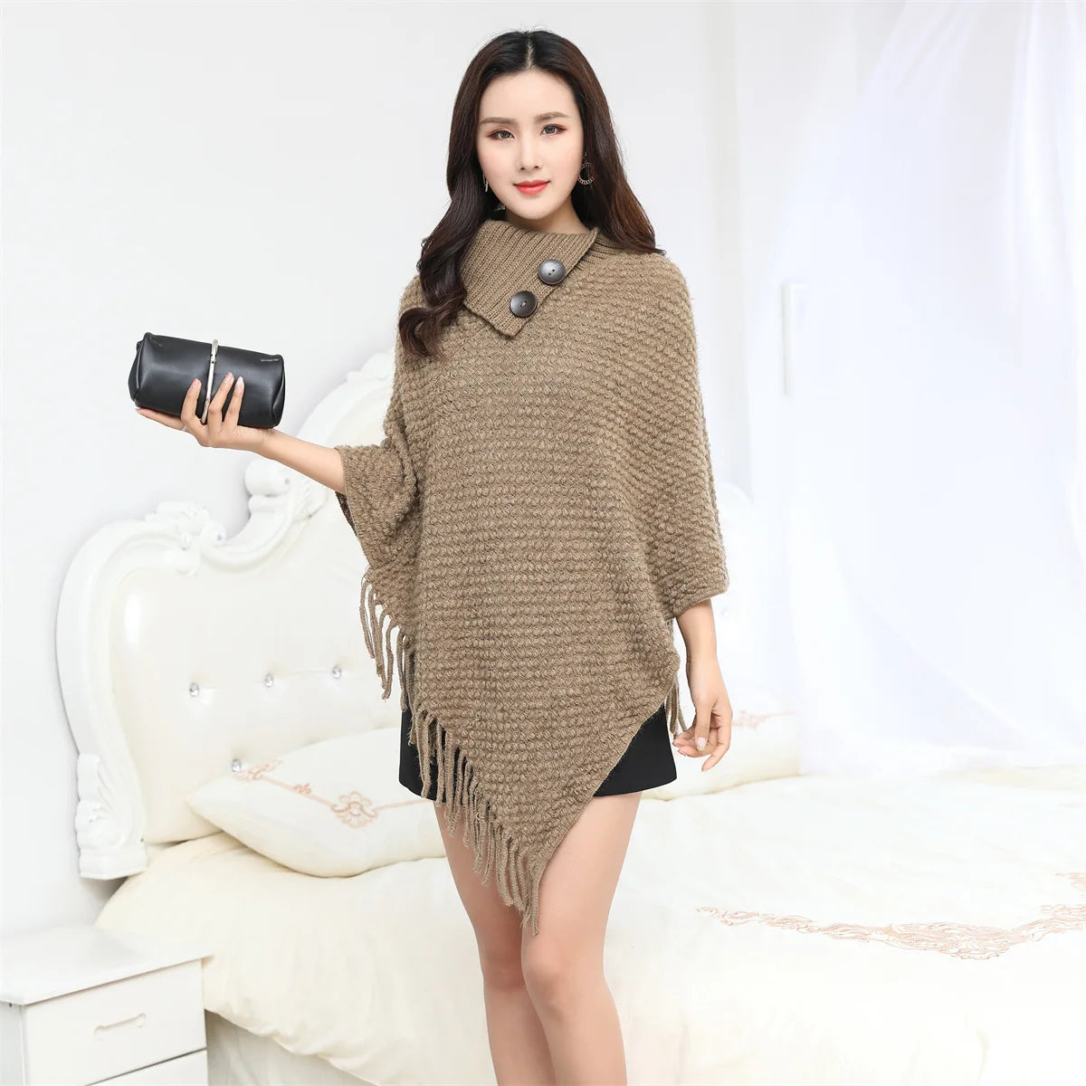Boho Fringe Knit Cape
