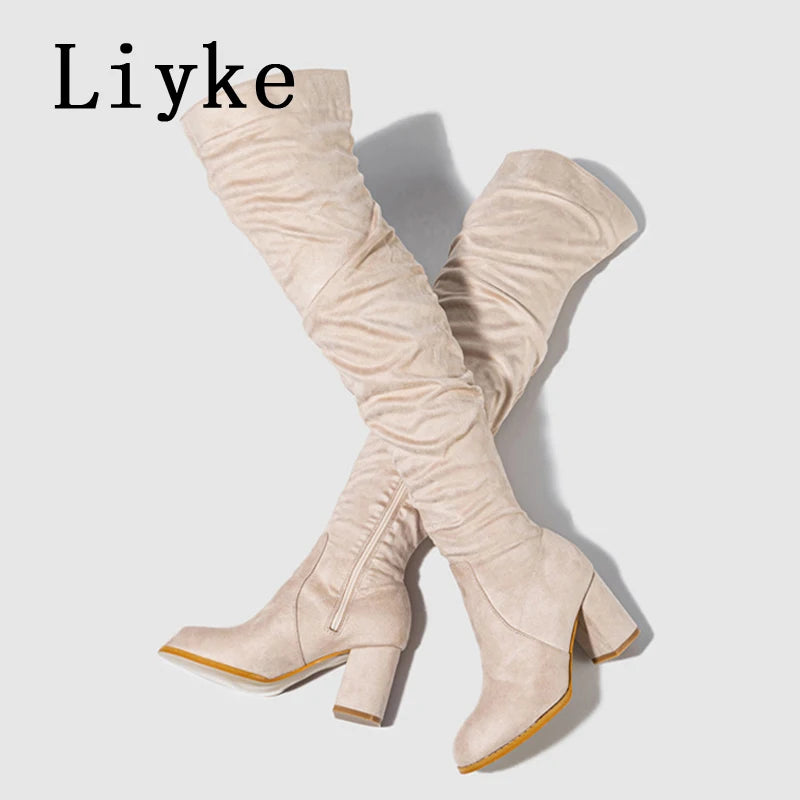 Zip-Up Flock Thigh-High Boots