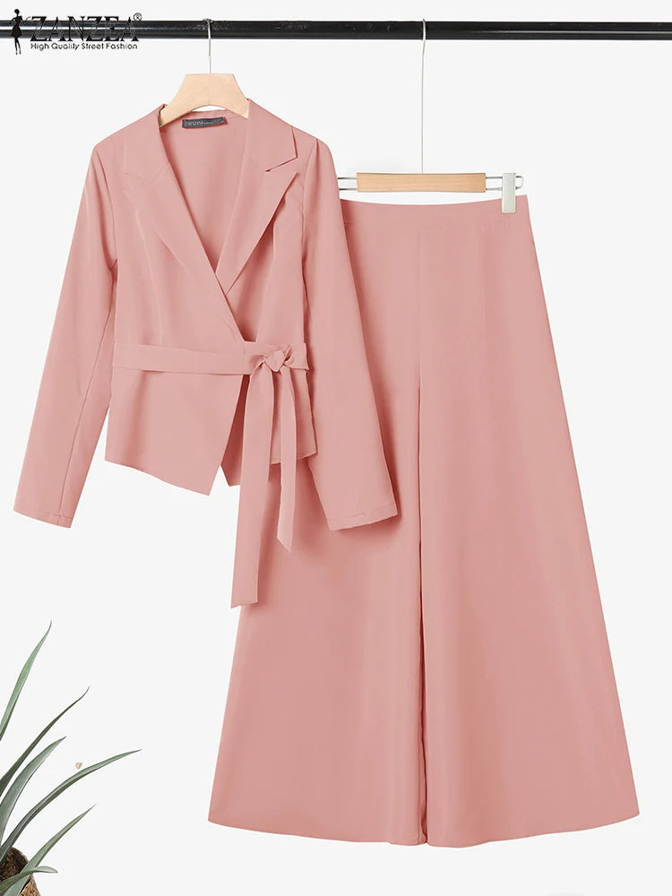 ZANZEA Women’s Belted Blazer & Wide-Leg Pant Set