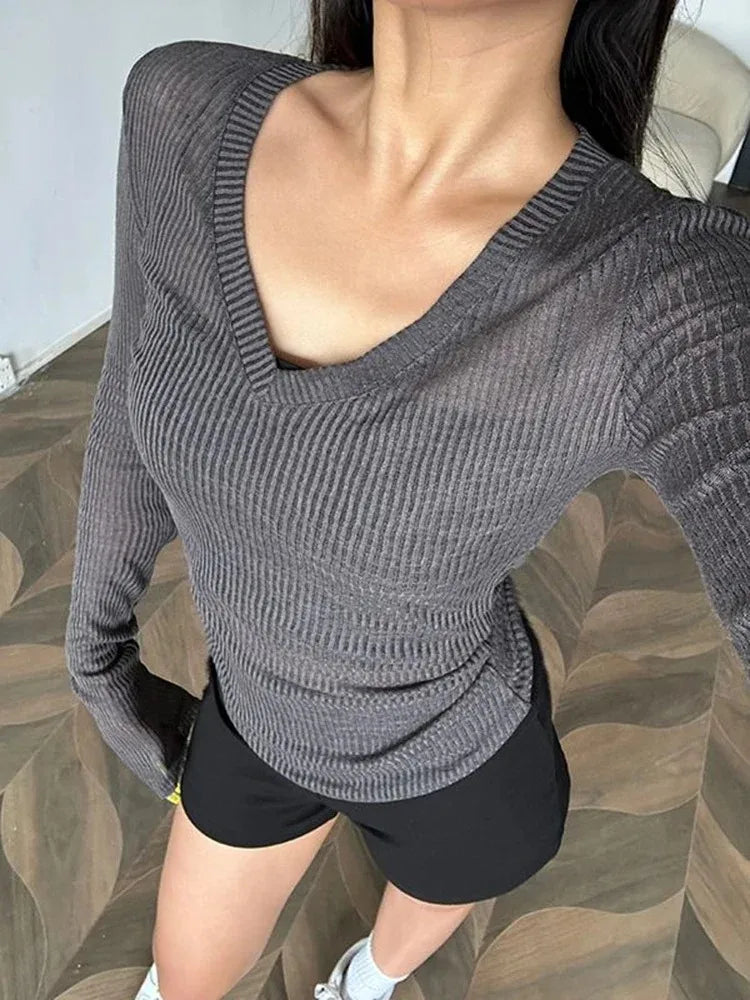 Sheer Stretch V-Neck Long Sleeve Tee