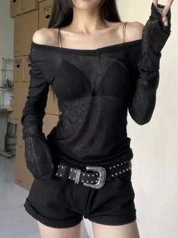 Sheer Stretch V-Neck Long Sleeve Tee