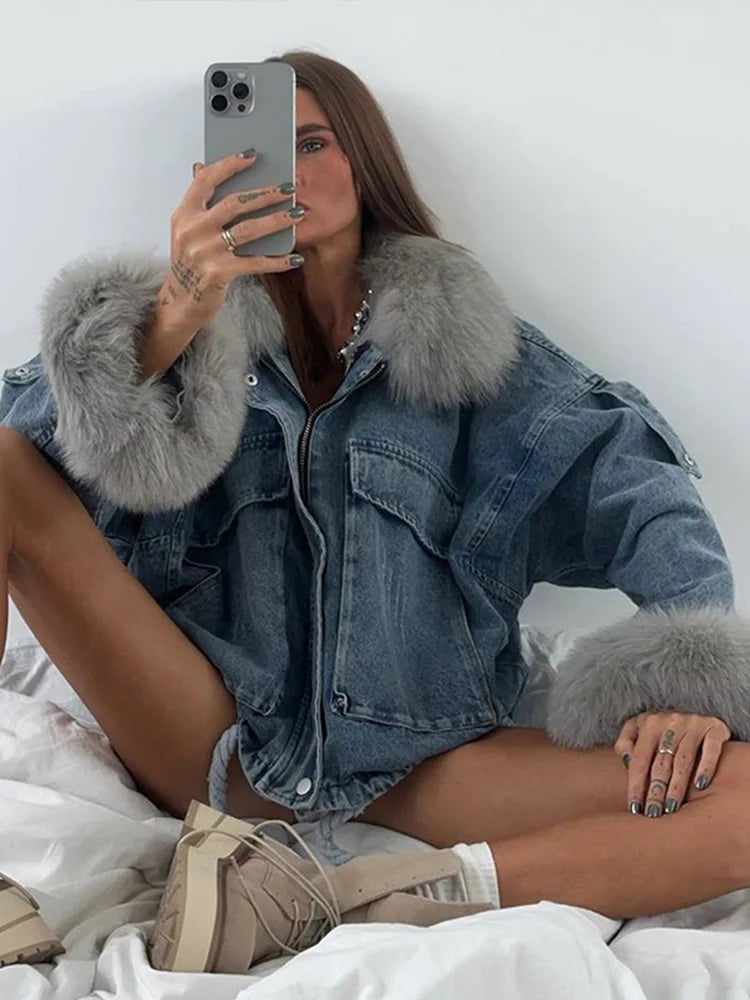 Faux Fur Collar & Cuffs Denim Jacket