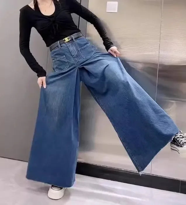 Retro High-Waist Wide-Leg Denim Pants