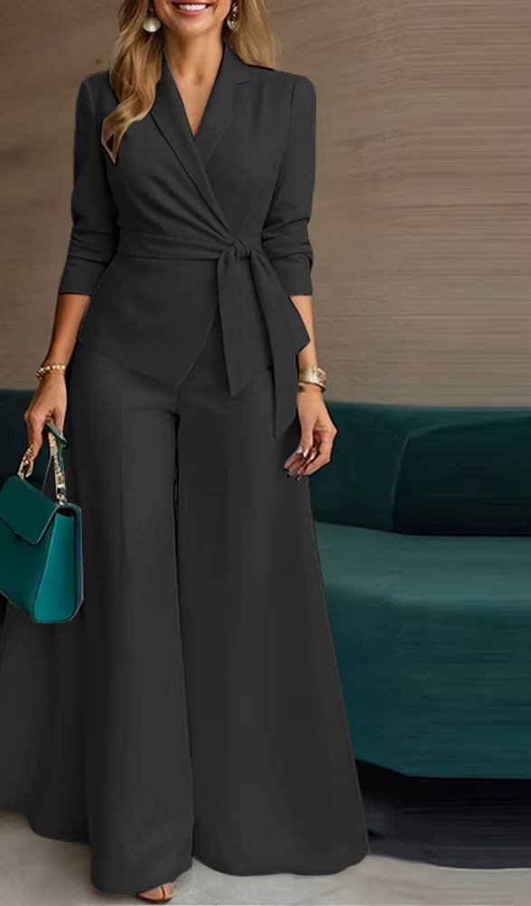 ZANZEA Women’s Belted Blazer & Wide-Leg Pant Set