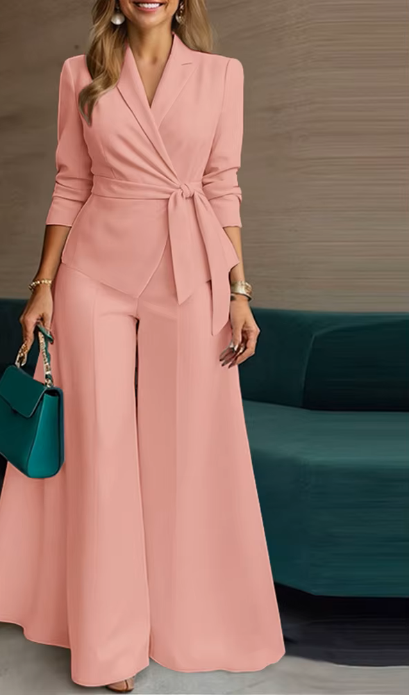 ZANZEA Women’s Belted Blazer & Wide-Leg Pant Set
