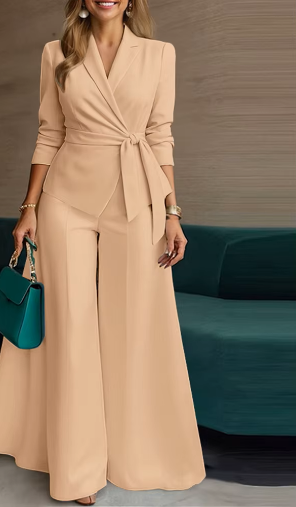 ZANZEA Women’s Belted Blazer & Wide-Leg Pant Set
